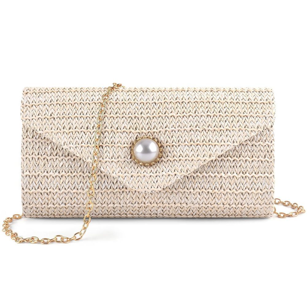 Boho Straw Clutch with Pearl Decoration